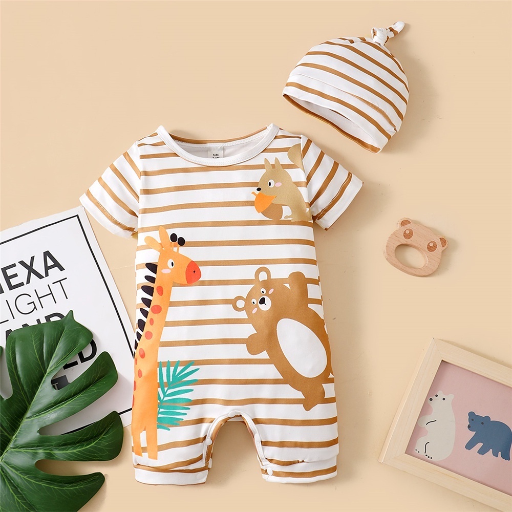 【2PCS】 9-24M Baby Romper Set | Striped Giraffe & Bear Print Jumpsuit + Matching Striped Hat | Adorable Summer Outfit