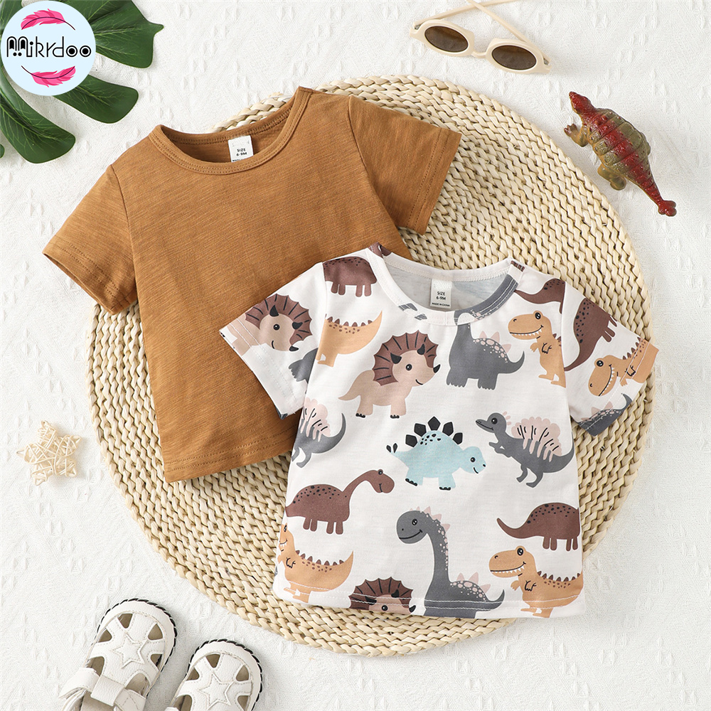 【6-24M】 2PCS Baby Boy T-shirt Bundle | Plain Brown Tee + Dinosaur Print Short Sleeve Top | Casual Summer Set