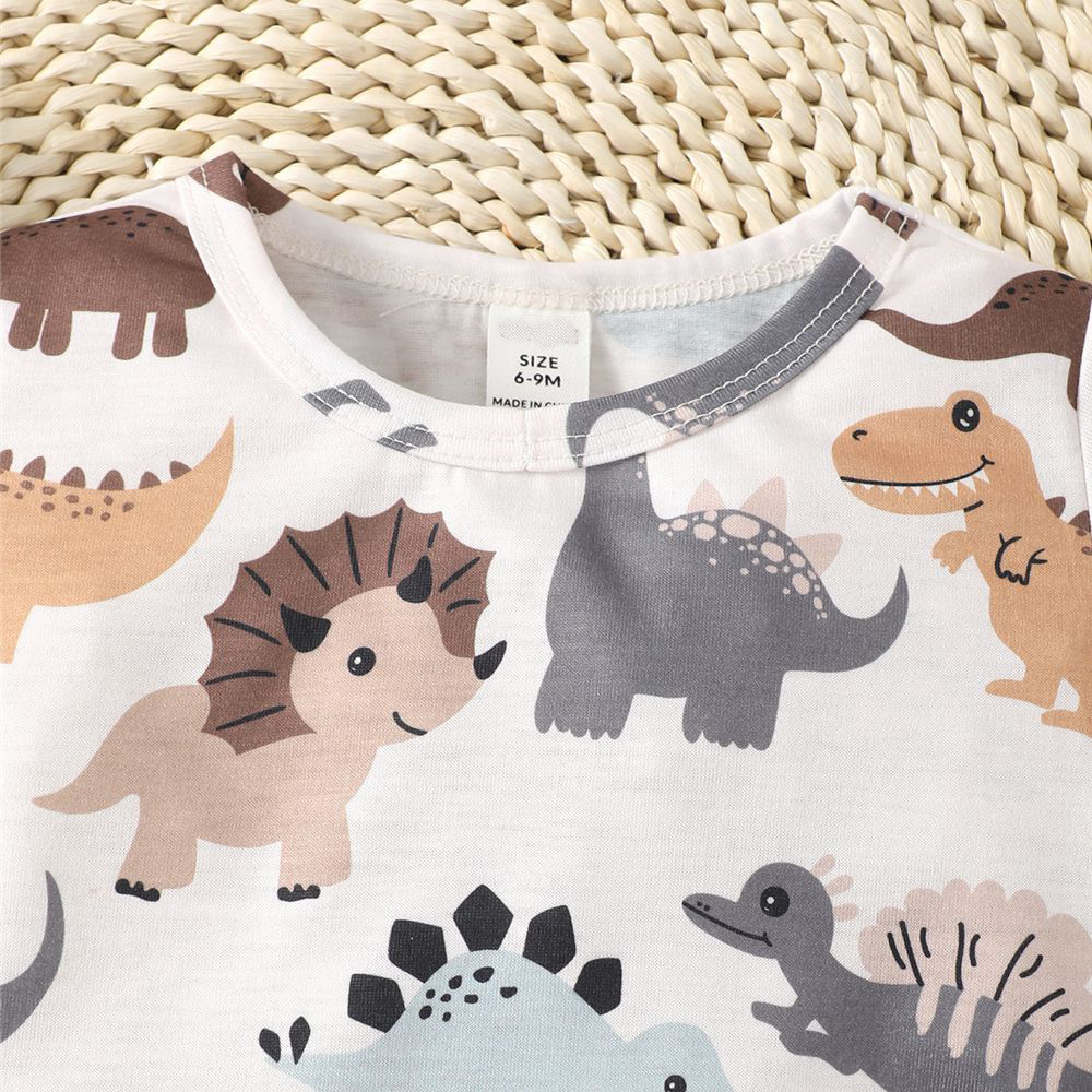 【6-24M】 2PCS Baby Boy T-shirt Bundle | Plain Brown Tee + Dinosaur Print Short Sleeve Top | Casual Summer Set