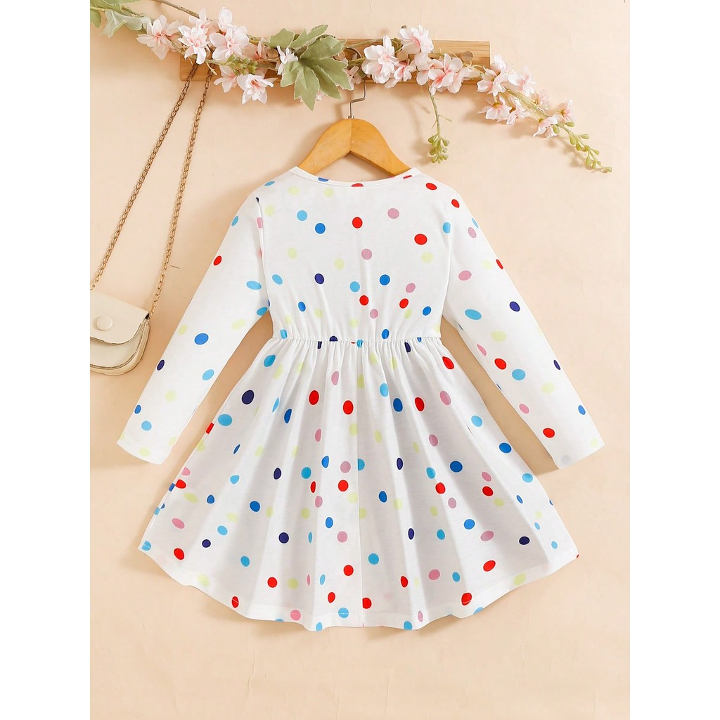 4-7 Years Kid Girl Dress Long Sleeved Rainbow Print Polka Dots Princess Dress Fashion Cute Style Child Girl Daily Wear