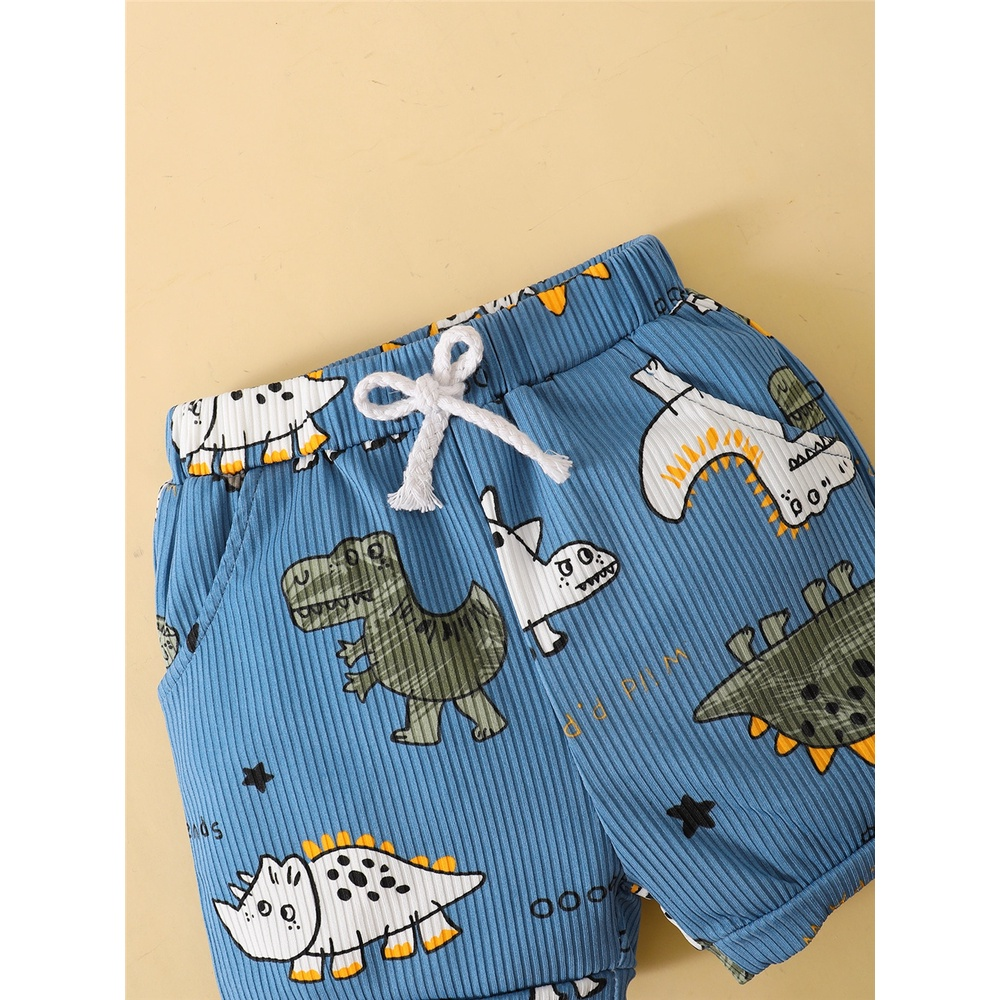 【2PCS】 0-3Y Baby Boy Clothes Set | Blue Ribbed Dinosaur Print Tank Top + Shorts | Casual Summer Outfit