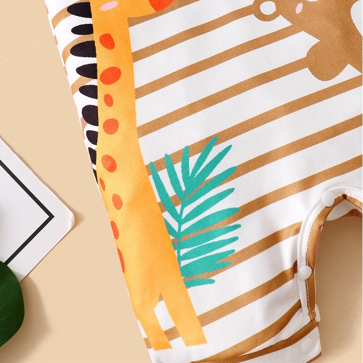 【2PCS】 9-24M Baby Romper Set | Striped Giraffe & Bear Print Jumpsuit + Matching Striped Hat | Adorable Summer Outfit