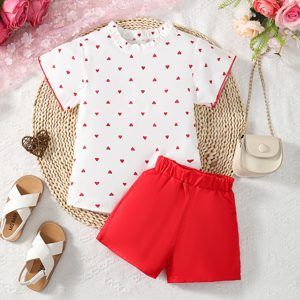 2pcs 4-7 Years Kid Girl Clothing Set Short Sleeved Love Print Blouse with Plain Color Shorts Fashion Child Girl Daily Wear