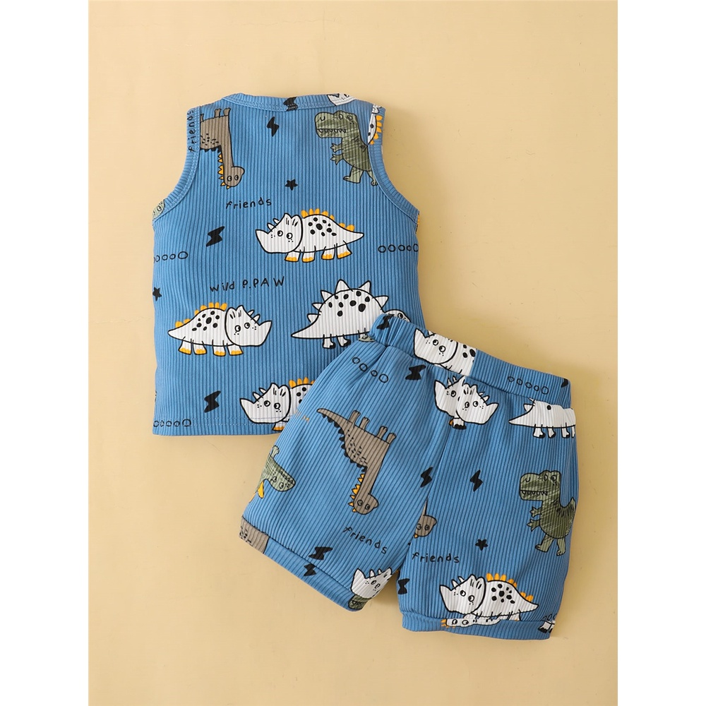 【2PCS】 0-3Y Baby Boy Clothes Set | Blue Ribbed Dinosaur Print Tank Top + Shorts | Casual Summer Outfit