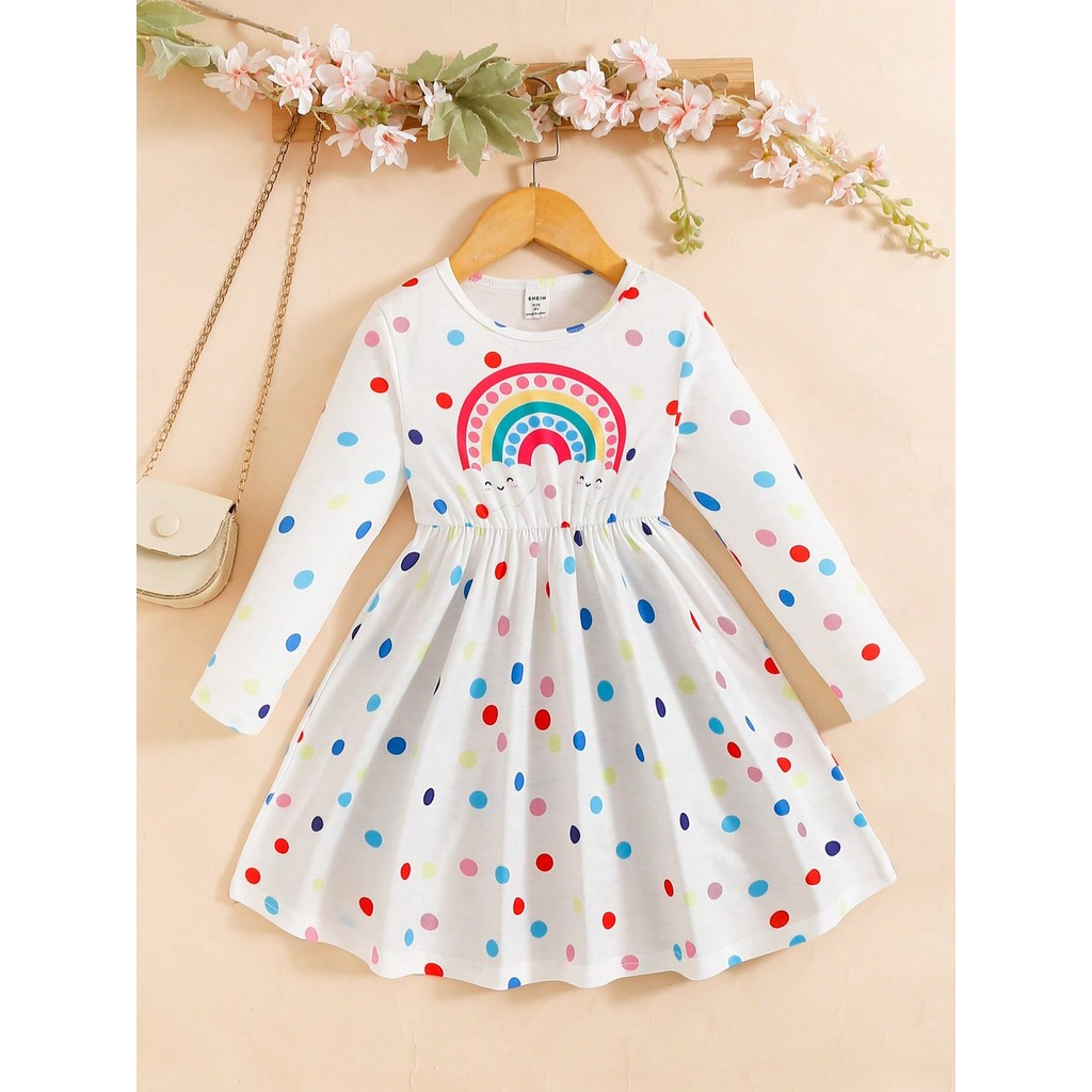 4-7 Years Kid Girl Dress Long Sleeved Rainbow Print Polka Dots Princess Dress Fashion Cute Style Child Girl Daily Wear