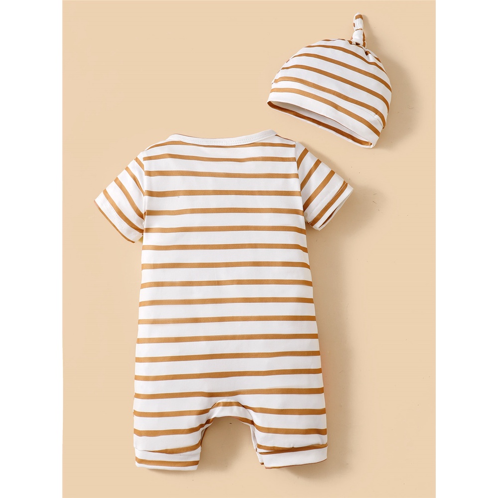 【2PCS】 9-24M Baby Romper Set | Striped Giraffe & Bear Print Jumpsuit + Matching Striped Hat | Adorable Summer Outfit