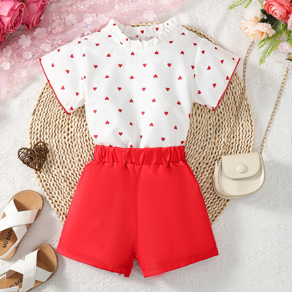 2pcs 4-7 Years Kid Girl Clothing Set Short Sleeved Love Print Blouse with Plain Color Shorts Fashion Child Girl Daily Wear