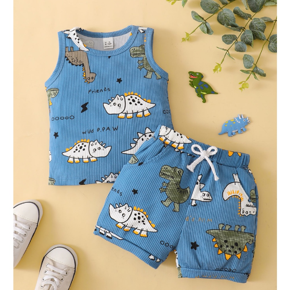 【2PCS】 0-3Y Baby Boy Clothes Set | Blue Ribbed Dinosaur Print Tank Top + Shorts | Casual Summer Outfit
