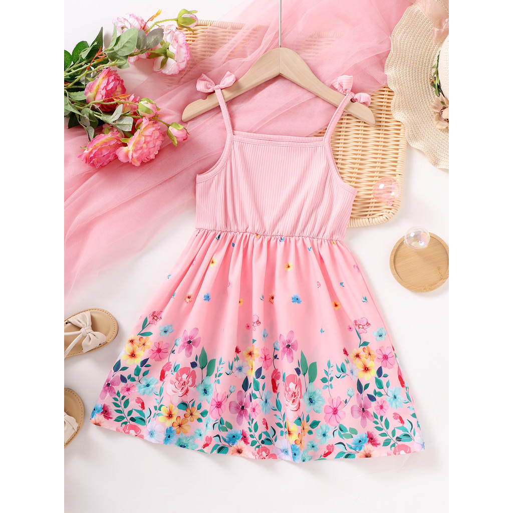 Dress for Kid Girl 4-7 Years Sleevless Summer Pink Floral Sling Dresses Leisure Fashion Daily Birthday Party Wear Soft Cute Design