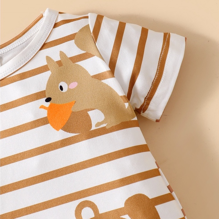 【2PCS】 9-24M Baby Romper Set | Striped Giraffe & Bear Print Jumpsuit + Matching Striped Hat | Adorable Summer Outfit