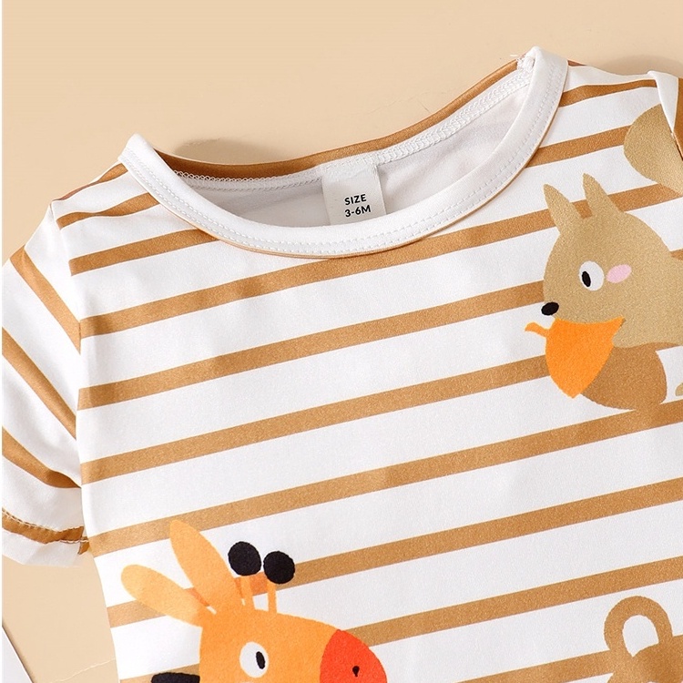 【2PCS】 9-24M Baby Romper Set | Striped Giraffe & Bear Print Jumpsuit + Matching Striped Hat | Adorable Summer Outfit