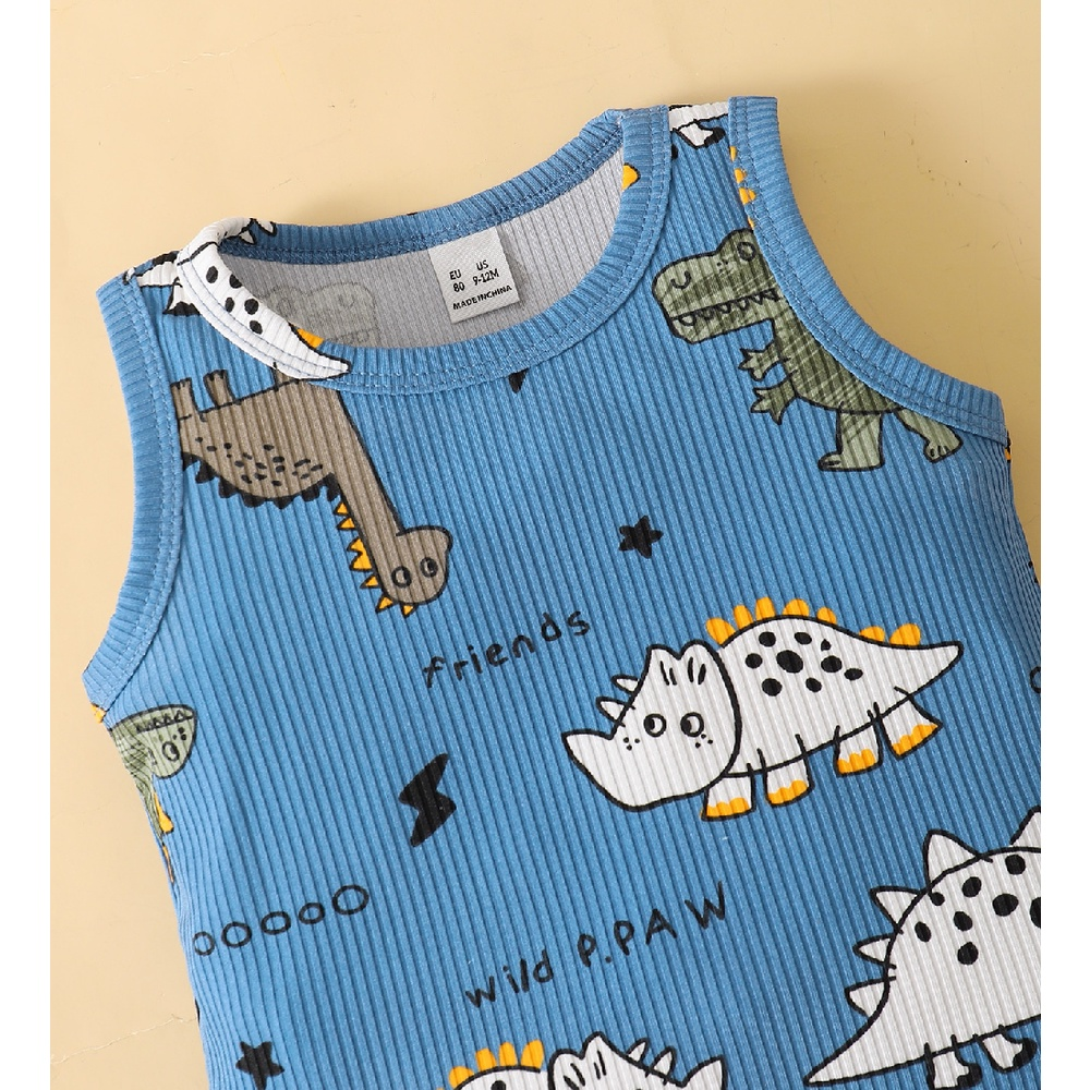 【2PCS】 0-3Y Baby Boy Clothes Set | Blue Ribbed Dinosaur Print Tank Top + Shorts | Casual Summer Outfit