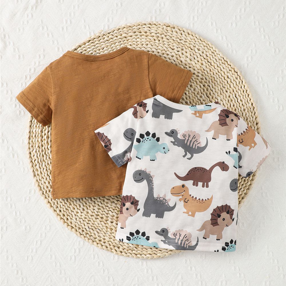 【6-24M】 2PCS Baby Boy T-shirt Bundle | Plain Brown Tee + Dinosaur Print Short Sleeve Top | Casual Summer Set