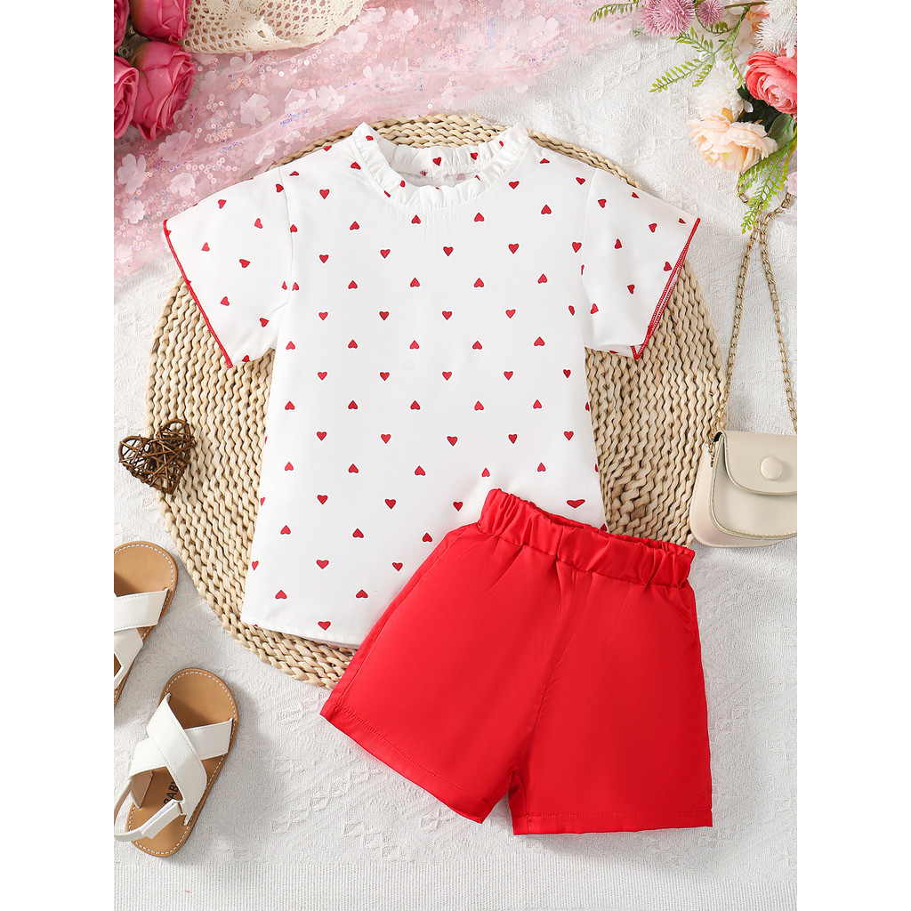 2pcs 4-7 Years Kid Girl Clothing Set Short Sleeved Love Print Blouse with Plain Color Shorts Fashion Child Girl Daily Wear