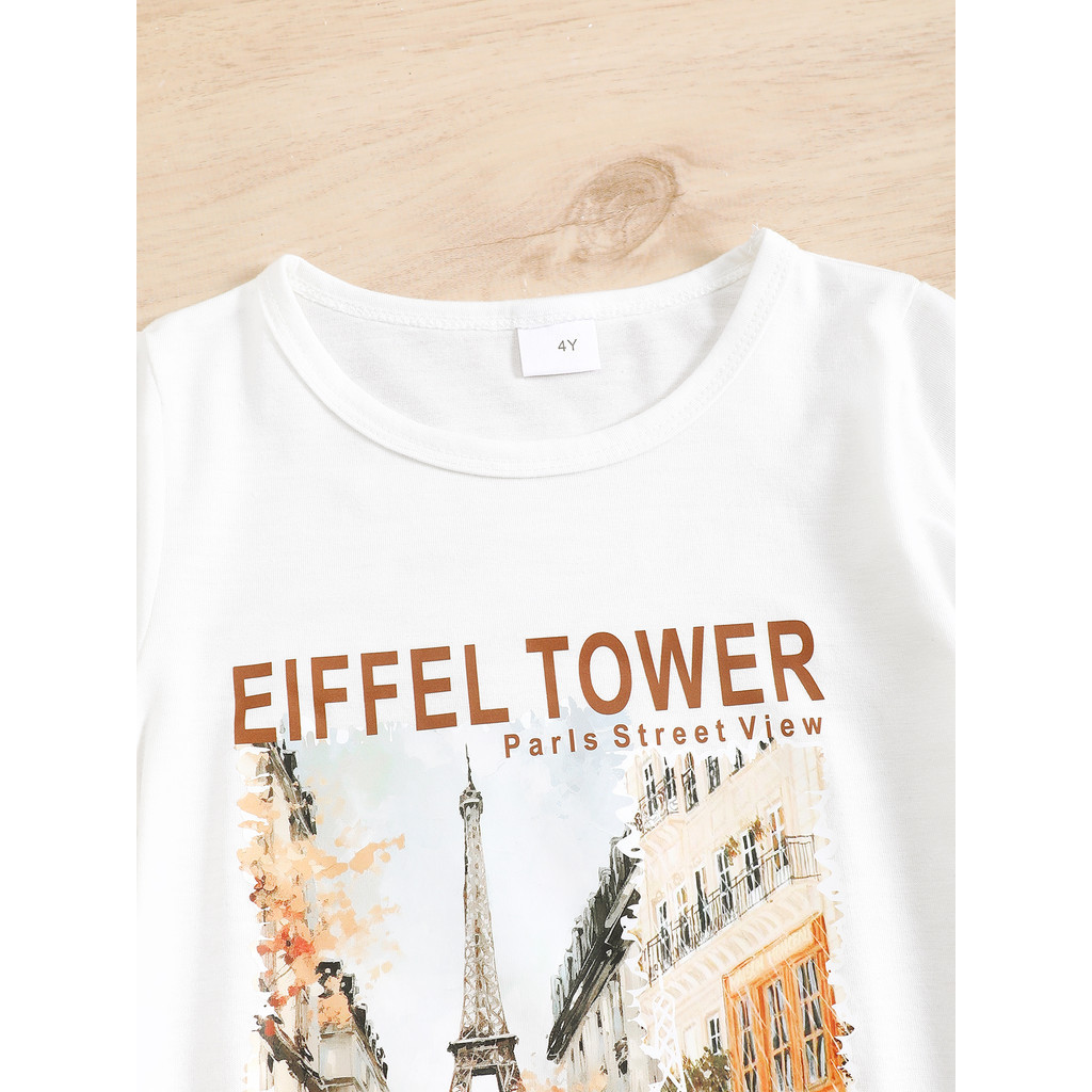4-7 Years Girls Paris Eiffel Tower Print Short Sleeve T-Shirt with High Waist Skirt Set Fashion Toddler Outfit for Daily Wear School Play Comfortable Kids Clothing