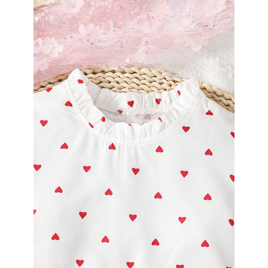 2pcs 4-7 Years Kid Girl Clothing Set Short Sleeved Love Print Blouse with Plain Color Shorts Fashion Child Girl Daily Wear