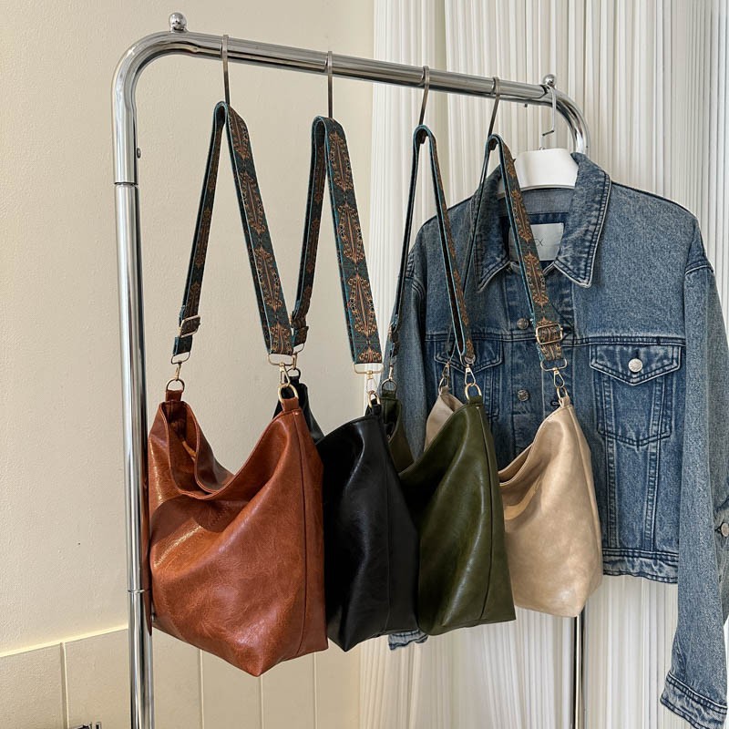 Large capacity bag for women in spring and summer 2025, retro broadband single shoulder crossbody bag, high-end texture commuting bucket bag Style_1 AS PICTURE