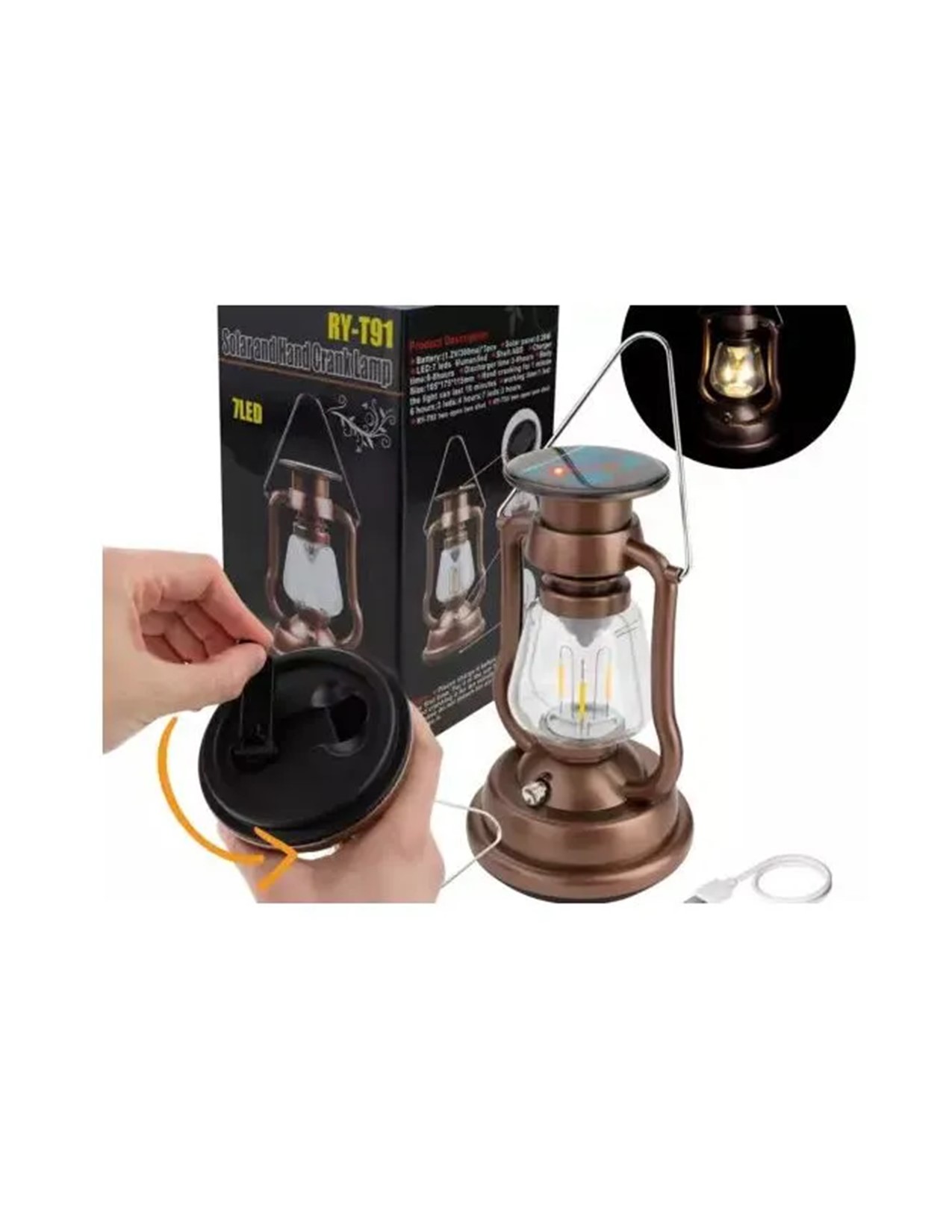Retro Solar Lantern Camping Light – Rechargeable Solar & Hand Crank Lamp with USB/DC Charging – Portable Hanging LED Emergency Outdoor Light