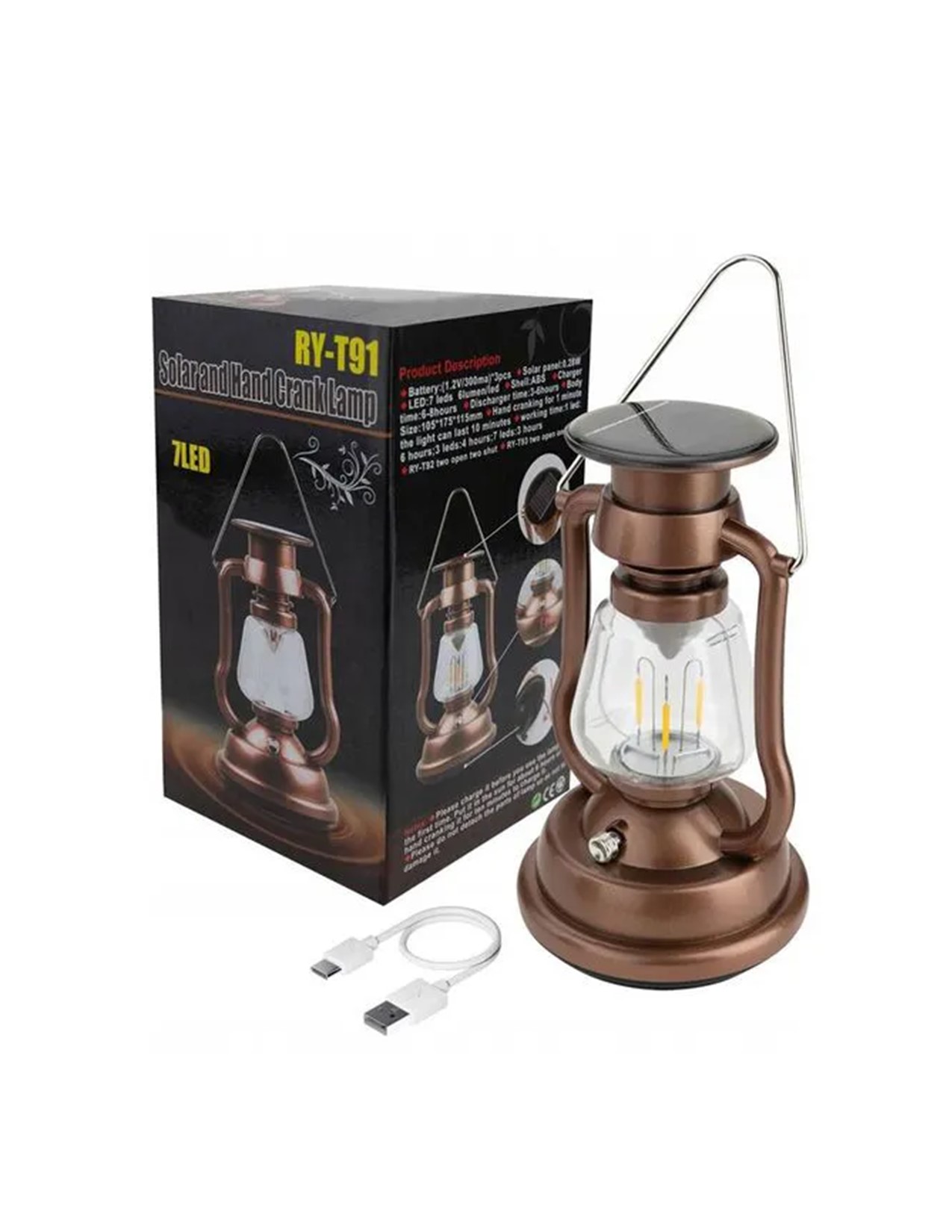 Retro Solar Lantern Camping Light – Rechargeable Solar & Hand Crank Lamp with USB/DC Charging – Portable Hanging LED Emergency Outdoor Light