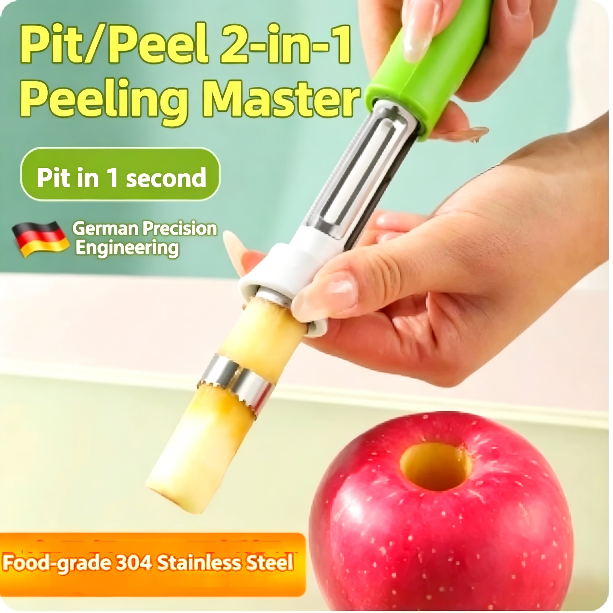 2-in-1 Stainless Steel Fruit Peeler & Corer, Easy Grip Apple Pear Peeling Tool, Food Grade