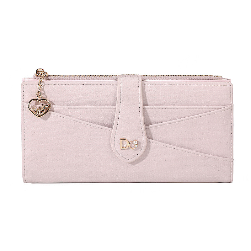 Women's  Wallet： Pastel Long Wallet for Women, Slim Leather Card Holder with Heart Charm Zipper, Multi-Slot Cash Organizer in 4 Colors
