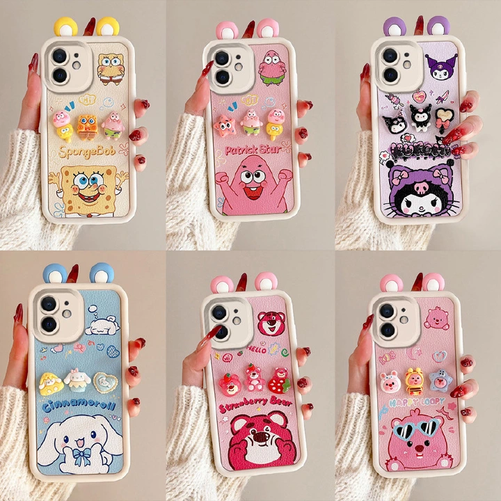 3D Cartoon Leather Texture Phone Case for iPhone 6/iPhone7/11//XS Max/6P, Cute Character Shockproof Cover