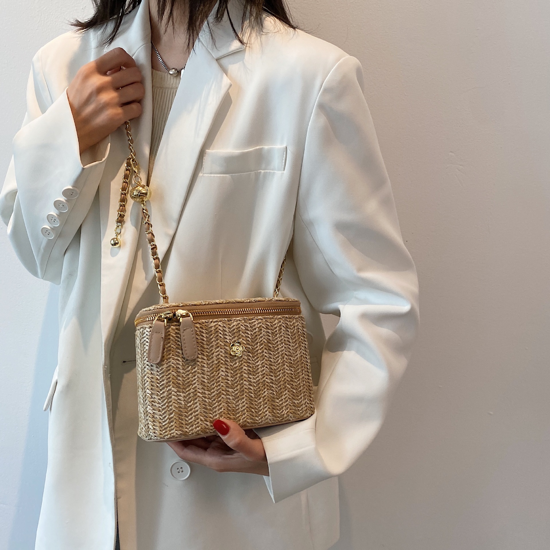 Bohemian Straw Box Crossbody Bag, Summer Beach Handbag with Gold Chain, 2 Sizes & 4 Colors Colors Available