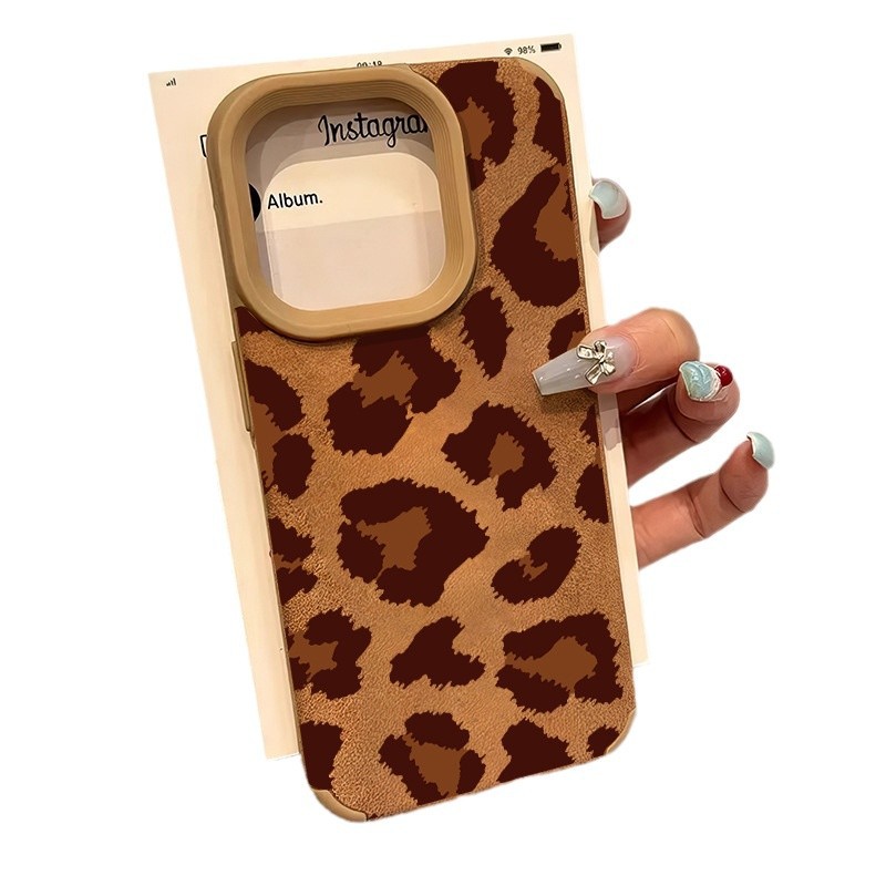 Leopard Print Leather Texture Phone Case for iPhone 11/12/13/16 Pro/17 Pro Max/15 Plus, Fall/Winter Shockproof Cover