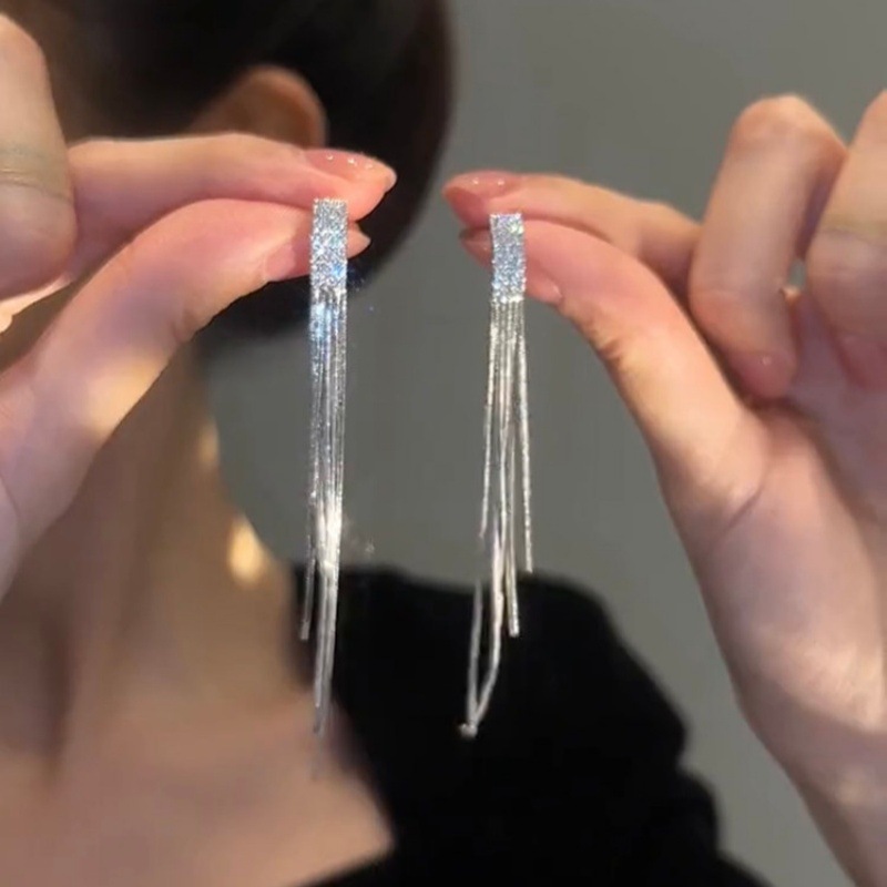 VERALITE Crystal Chain Tassel Drop Earrings, Gold/Silver Plated, 925 Silver Needle