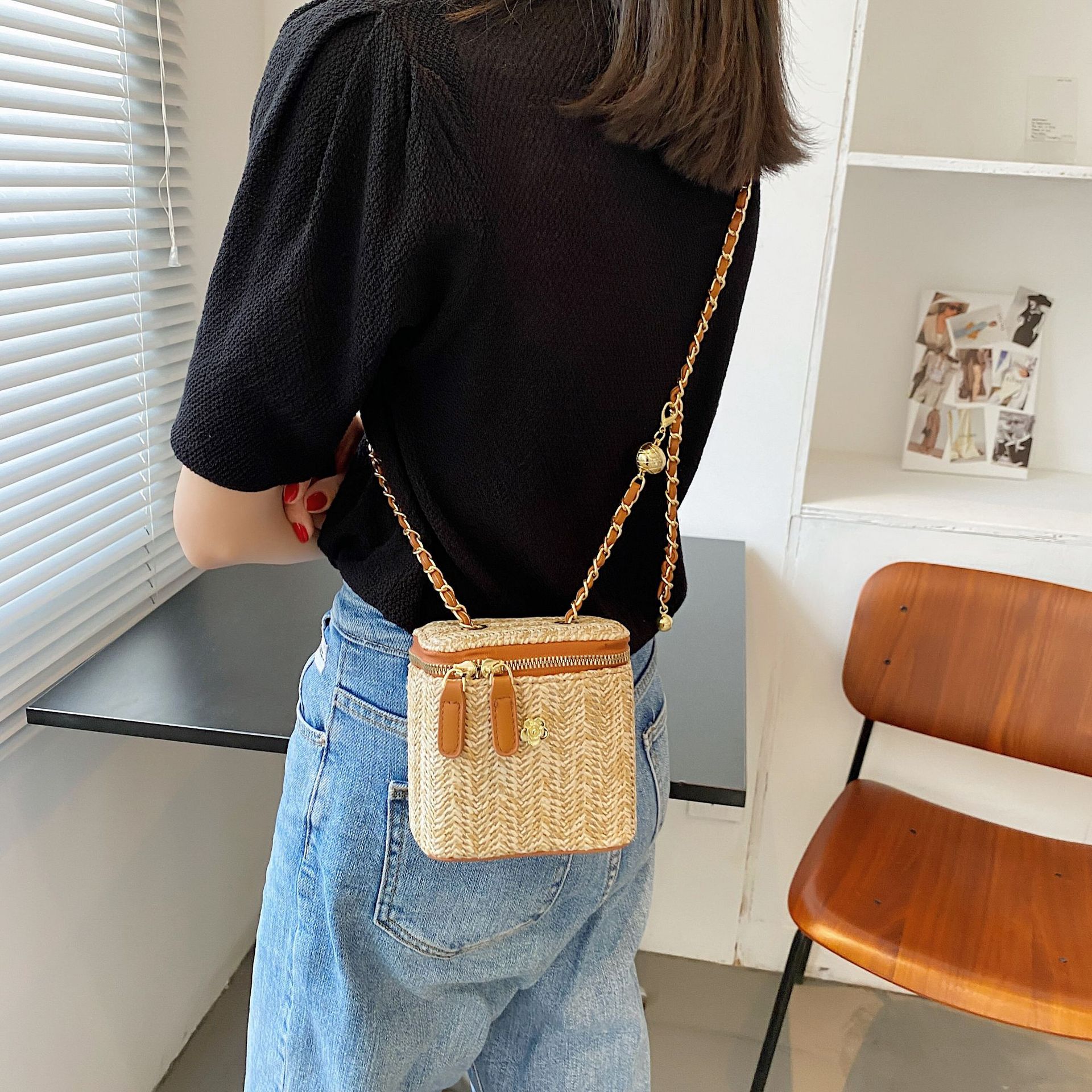 Bohemian Straw Box Crossbody Bag, Summer Beach Handbag with Gold Chain, 2 Sizes & 4 Colors Colors Available