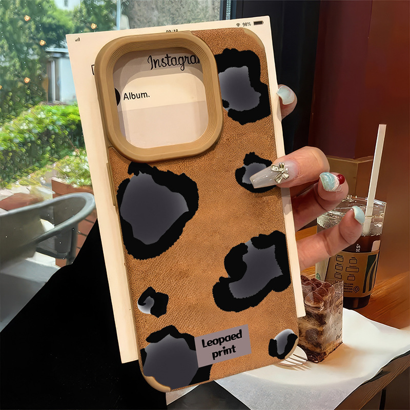 Leopard Print Leather Texture Phone Case for iPhone 11/12/13/16 Pro/17 Pro Max/15 Plus, Fall/Winter Shockproof Cover