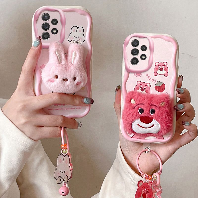 Cute 3D Plush Doll Phone Case for Samsung A05 A22A23 A54 A53 A52, Soft TPU Shockproof Cover with Lanyard