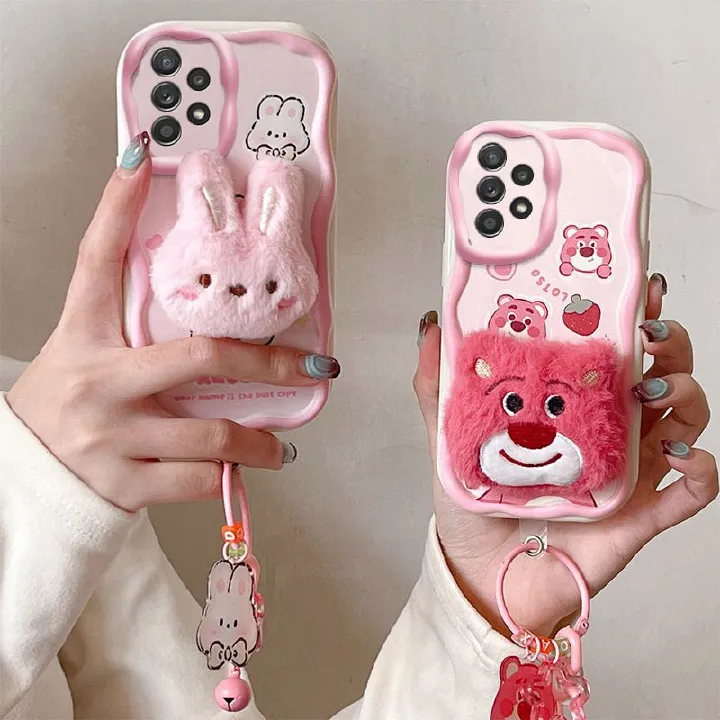 Cute 3D Plush Doll Phone Case for Samsung A05 A22A23 A54 A53 A52, Soft TPU Shockproof Cover with Lanyard