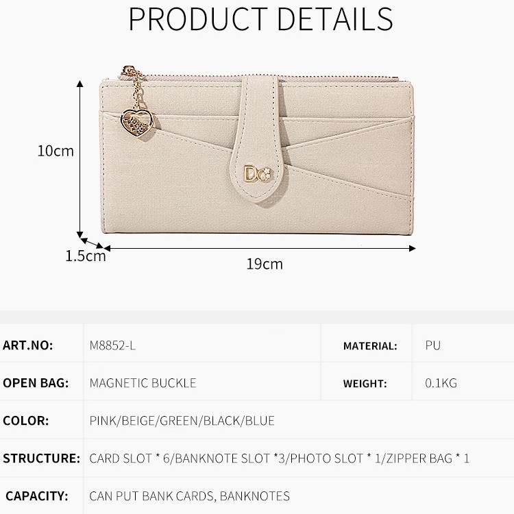 Women's  Wallet： Pastel Long Wallet for Women, Slim Leather Card Holder with Heart Charm Zipper, Multi-Slot Cash Organizer in 4 Colors