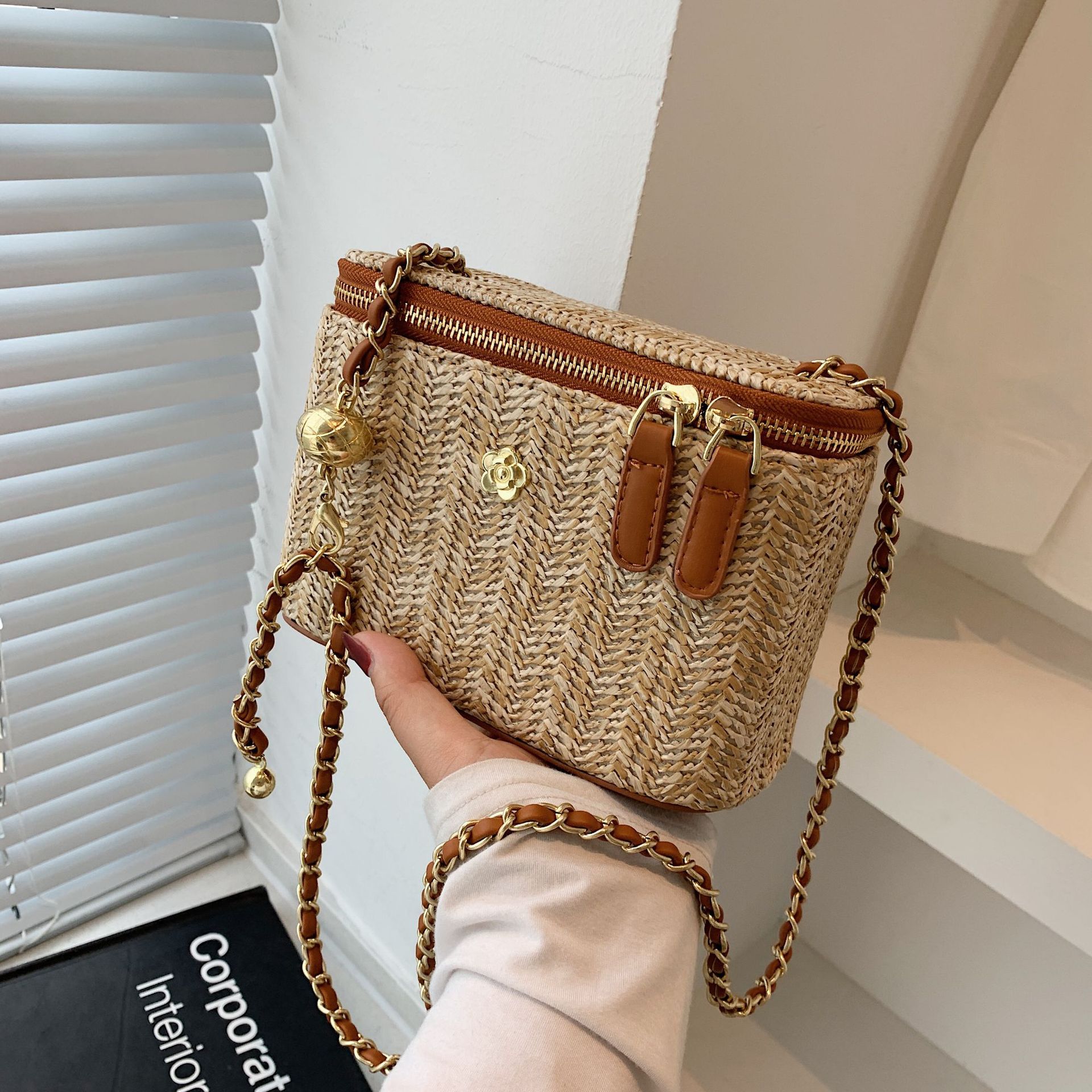 Bohemian Straw Box Crossbody Bag, Summer Beach Handbag with Gold Chain, 2 Sizes & 4 Colors Colors Available