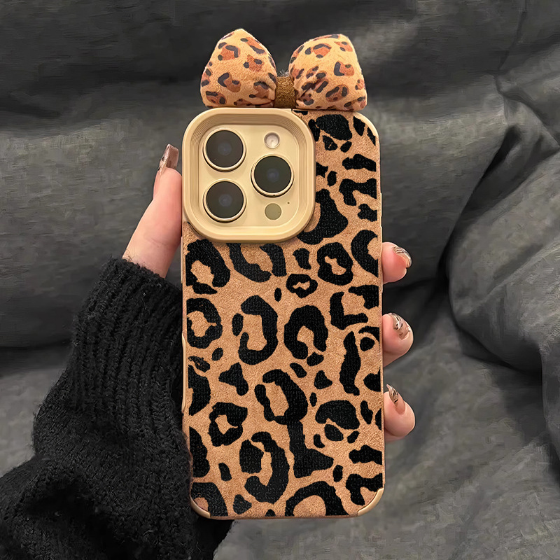 Leopard Print Leather Texture Phone Case for iPhone 11/12/13/16 Pro/17 Pro Max/15 Plus, Fall/Winter Shockproof Cover