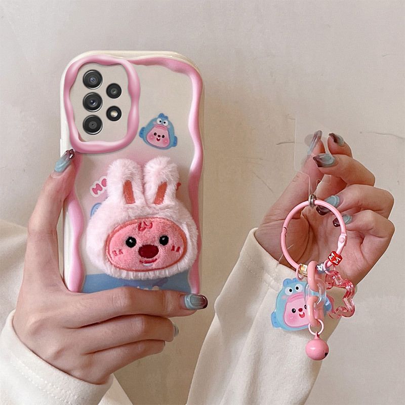 Cute 3D Plush Doll Phone Case for Samsung A05 A22A23 A54 A53 A52, Soft TPU Shockproof Cover with Lanyard