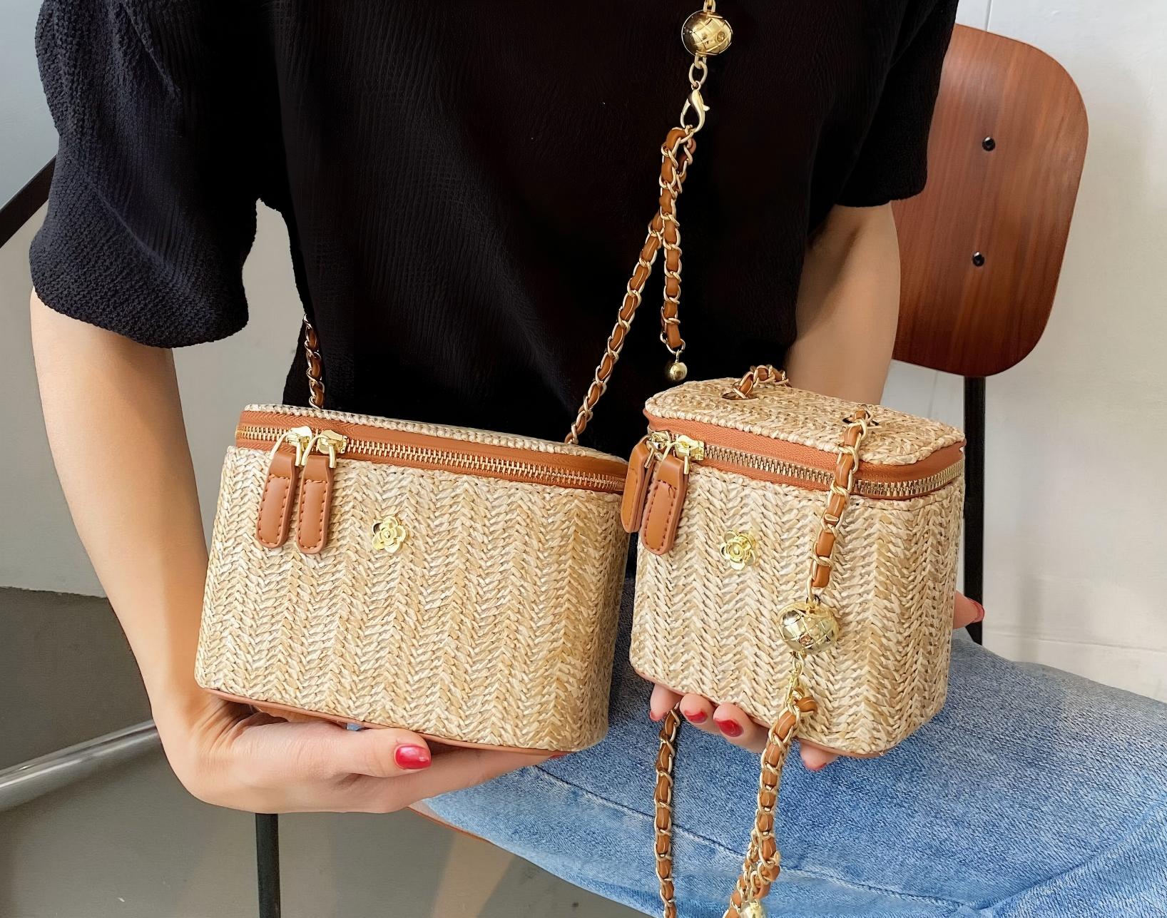 Bohemian Straw Box Crossbody Bag, Summer Beach Handbag with Gold Chain, 2 Sizes & 4 Colors Colors Available