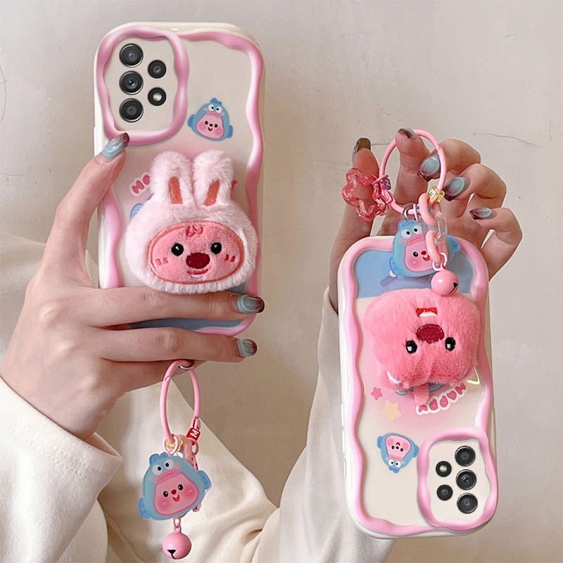 Cute 3D Plush Doll Phone Case for Samsung A05 A22A23 A54 A53 A52, Soft TPU Shockproof Cover with Lanyard