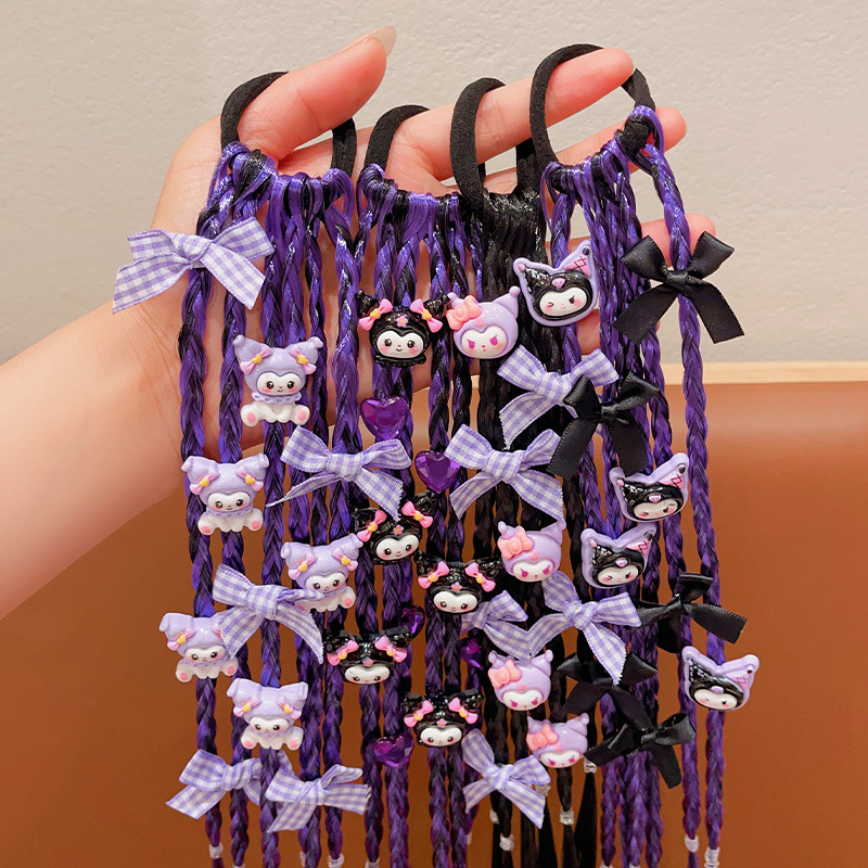 Kuromi Cute Braided Hair Tie，Kuromi Cartoon Hair Tie for Kids, Cute Braided Ponytail Holder Elastic Hair Band for Girls