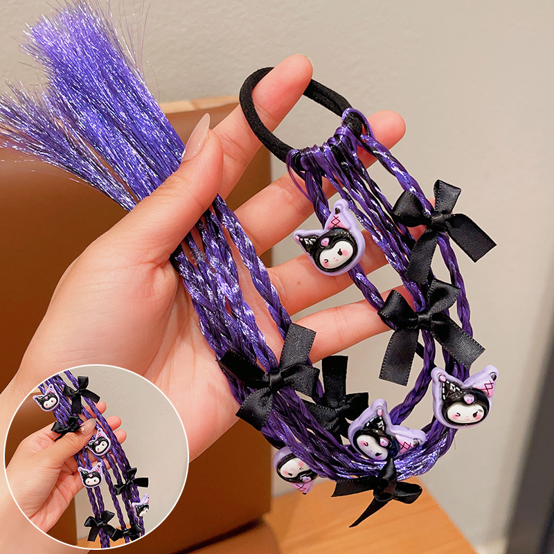 Kuromi Cute Braided Hair Tie，Kuromi Cartoon Hair Tie for Kids, Cute Braided Ponytail Holder Elastic Hair Band for Girls