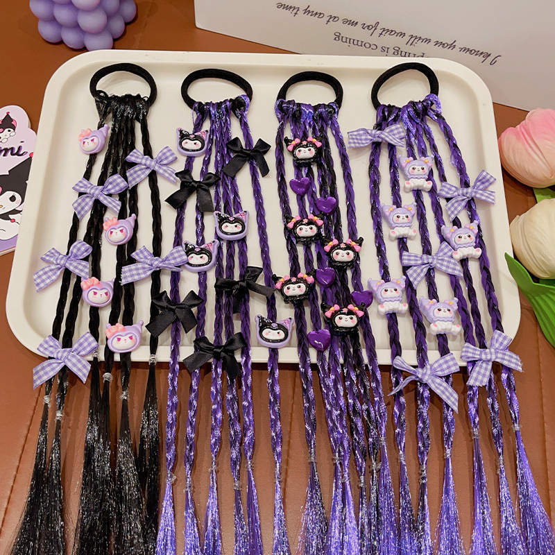 Kuromi Cute Braided Hair Tie，Kuromi Cartoon Hair Tie for Kids, Cute Braided Ponytail Holder Elastic Hair Band for Girls