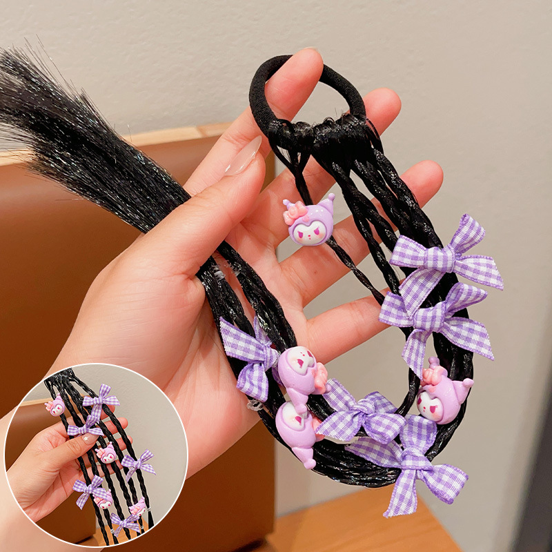 Kuromi Cute Braided Hair Tie，Kuromi Cartoon Hair Tie for Kids, Cute Braided Ponytail Holder Elastic Hair Band for Girls