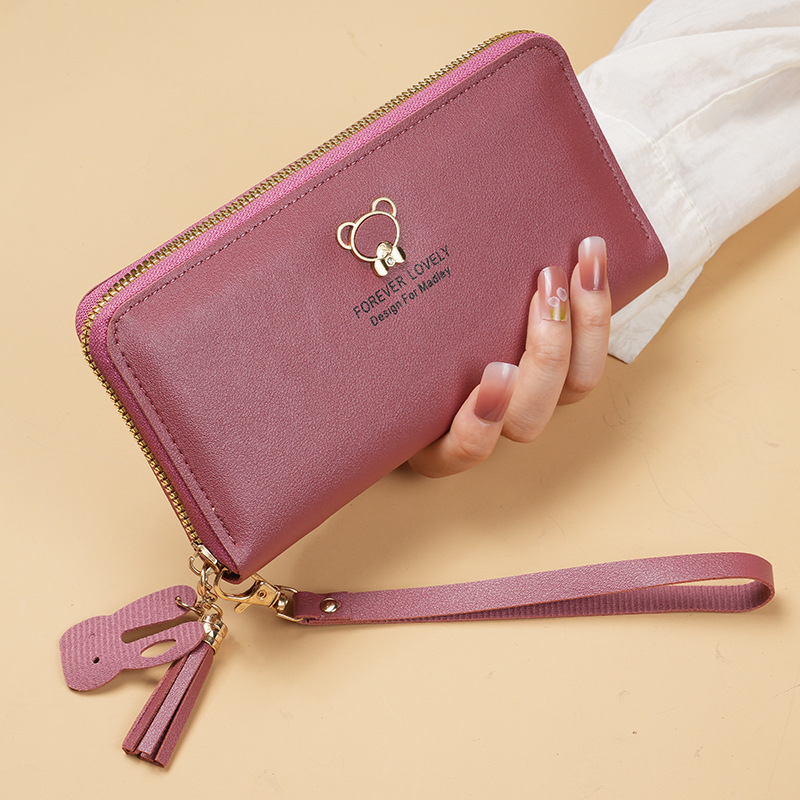 Women's wallets:Bear Tassel Long Zipper Wallet, Multi-Function Card Holder Phone Purse