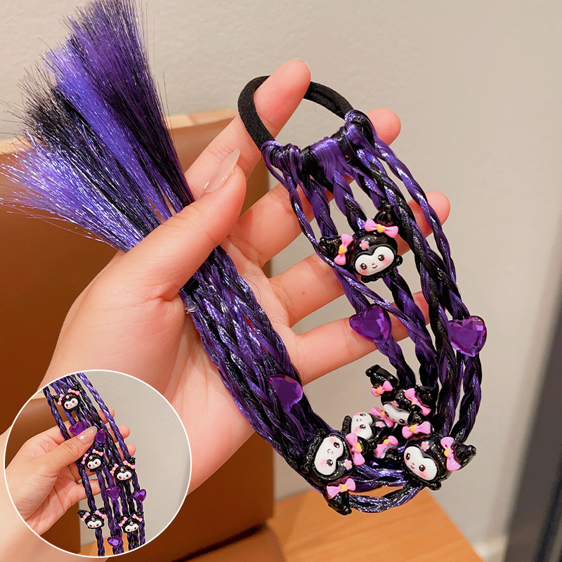 Kuromi Cute Braided Hair Tie，Kuromi Cartoon Hair Tie for Kids, Cute Braided Ponytail Holder Elastic Hair Band for Girls