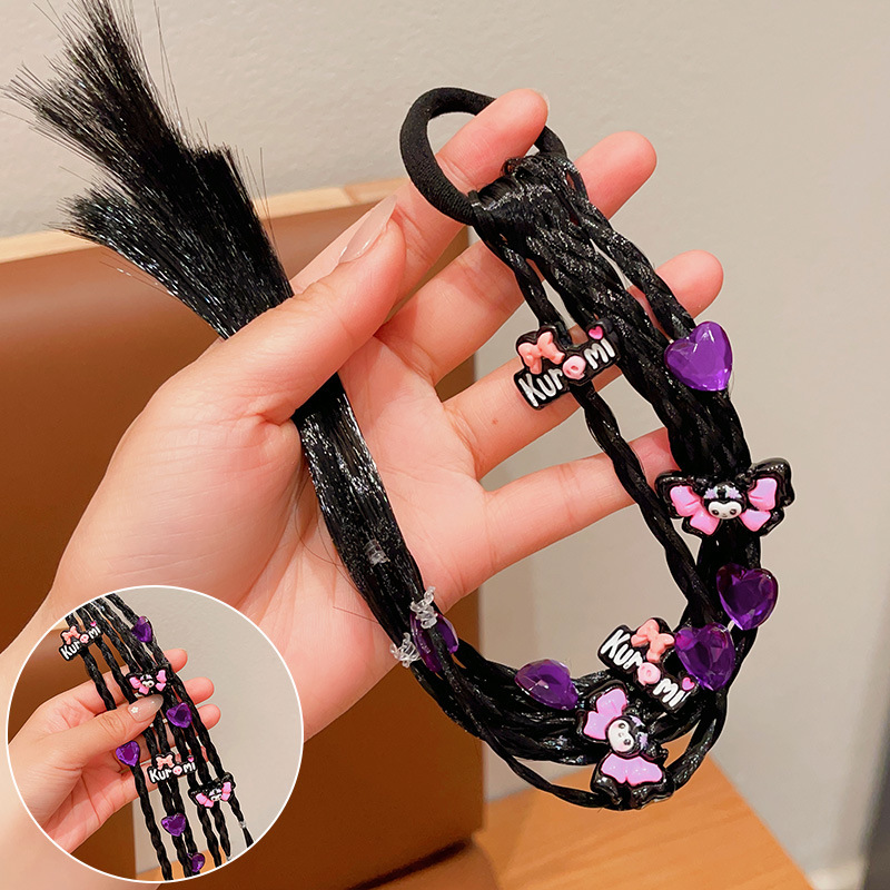 Kuromi Cute Braided Hair Tie，Kuromi Cartoon Hair Tie for Kids, Cute Braided Ponytail Holder Elastic Hair Band for Girls