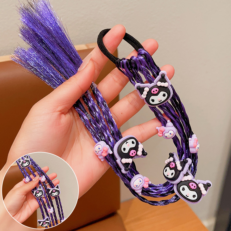 Kuromi Cute Braided Hair Tie，Kuromi Cartoon Hair Tie for Kids, Cute Braided Ponytail Holder Elastic Hair Band for Girls