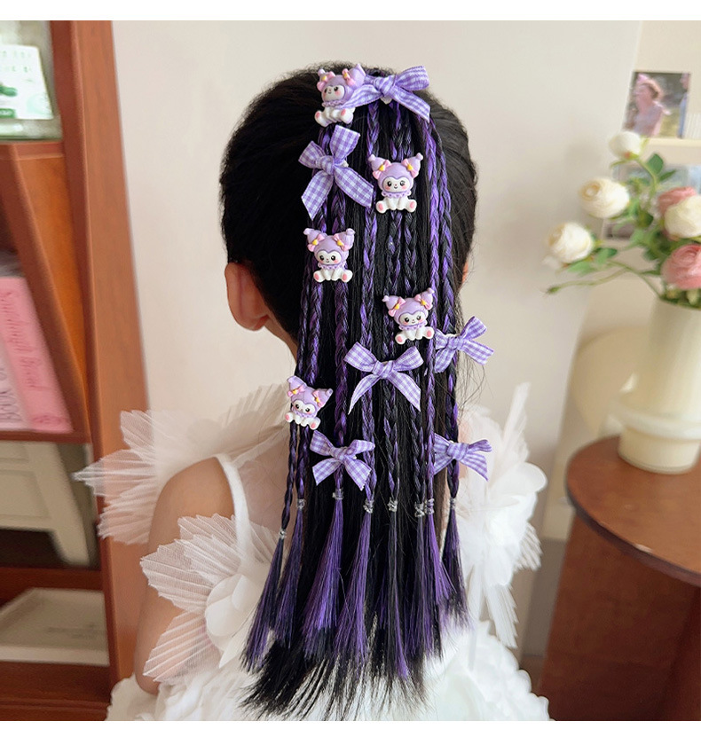 Kuromi Cute Braided Hair Tie，Kuromi Cartoon Hair Tie for Kids, Cute Braided Ponytail Holder Elastic Hair Band for Girls
