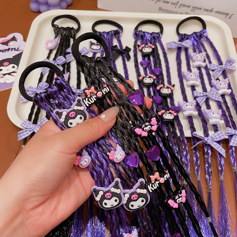 Kuromi Cute Braided Hair Tie，Kuromi Cartoon Hair Tie for Kids, Cute Braided Ponytail Holder Elastic Hair Band for Girls