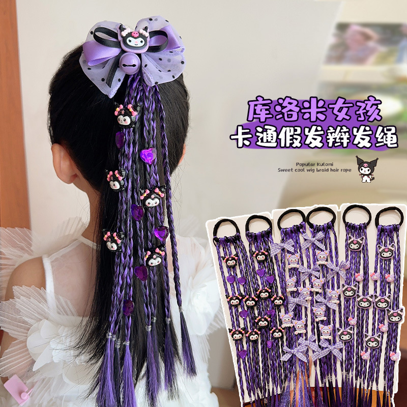 Kuromi Cute Braided Hair Tie，Kuromi Cartoon Hair Tie for Kids, Cute Braided Ponytail Holder Elastic Hair Band for Girls